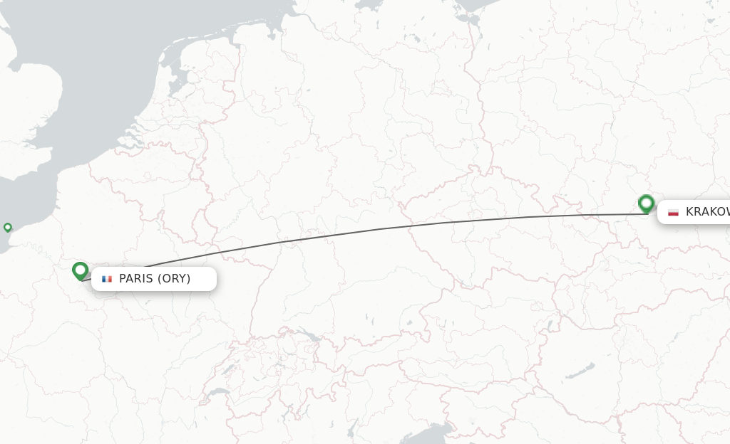 Flights from Paris to Krakow route map