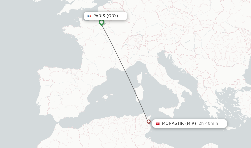 Flights from Paris to Monastir route map