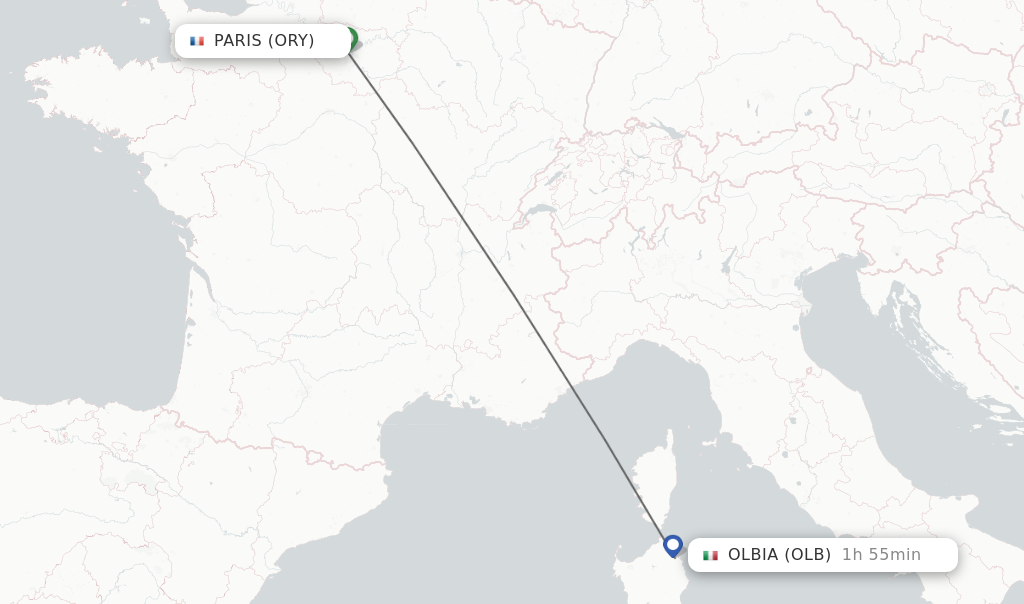 Flights from Paris to Olbia route map