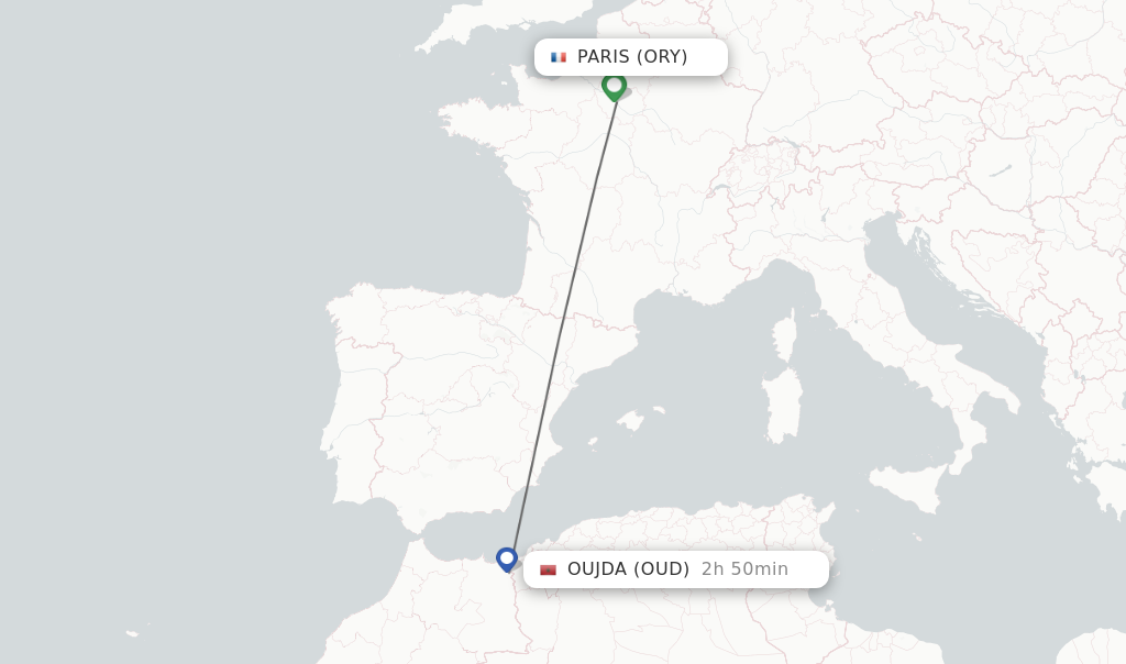 Flights from Paris to Oujda route map