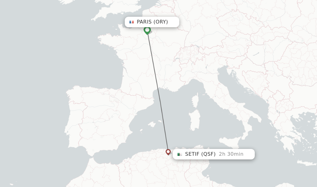 Flights from Paris to Setif route map