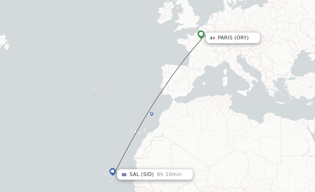 Flights from Sal to Paris route map