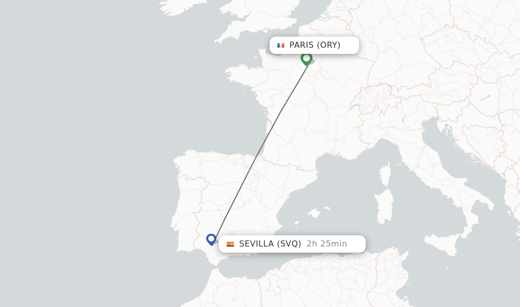Flights from Paris to Sevilla route map