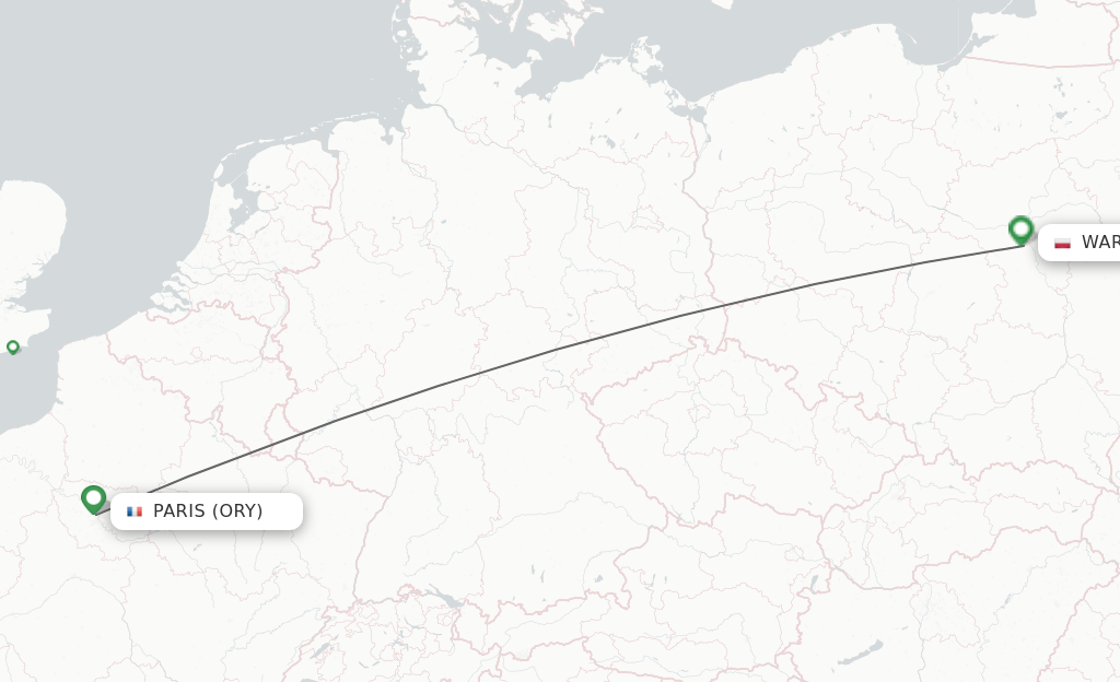 Flights from Paris to Warsaw route map