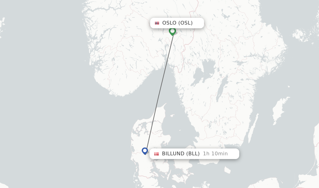 Flights from Oslo to Billund route map