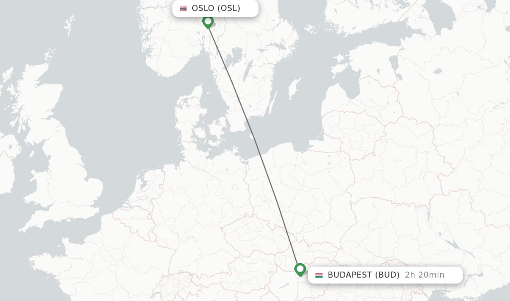 Flights from Oslo to Budapest route map