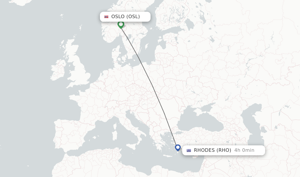 Flights from Oslo to Rhodes route map