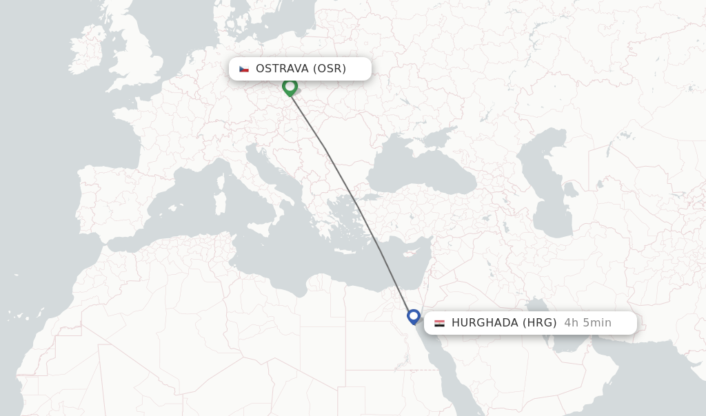 Flights from Ostrava to Hurghada route map