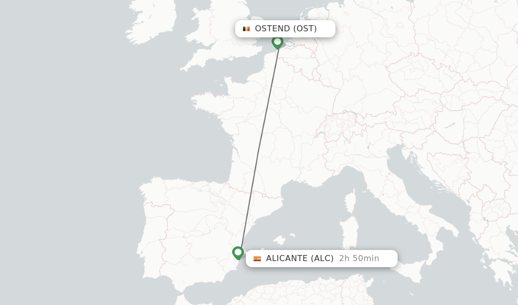 Flights from Ostend to Alicante route map