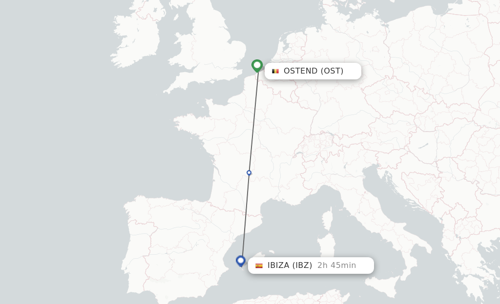 Flights from Ostend to Ibiza route map