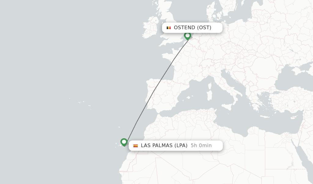 Flights from Ostend to Las Palmas route map