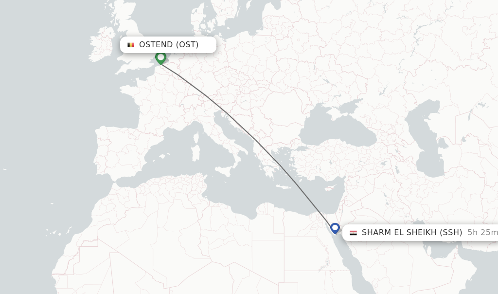 Flights from Ostend to Sharm el Sheikh route map