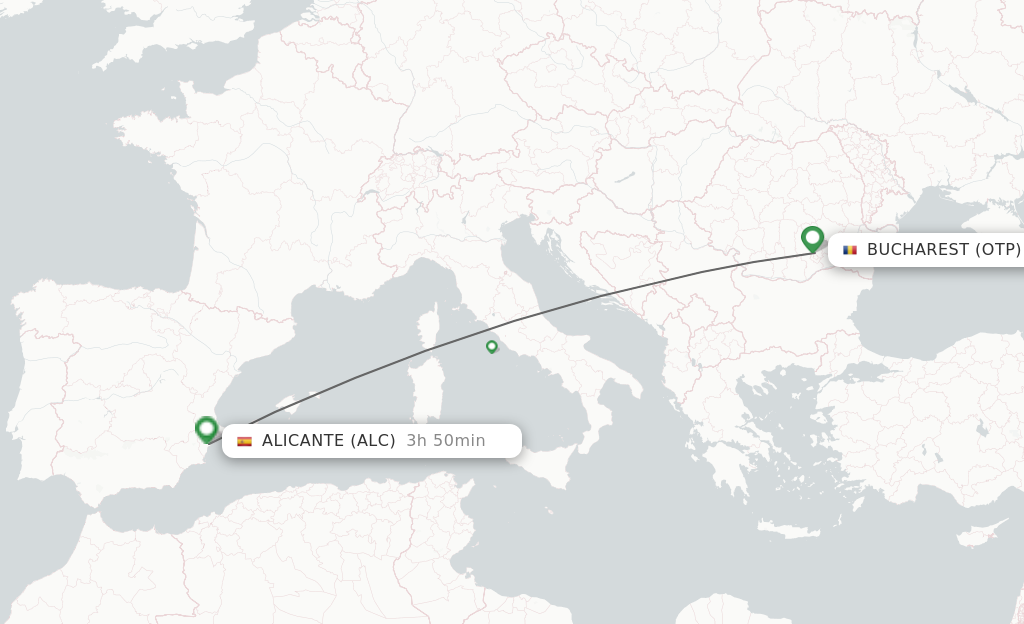 Flights from Bucharest to Alicante route map