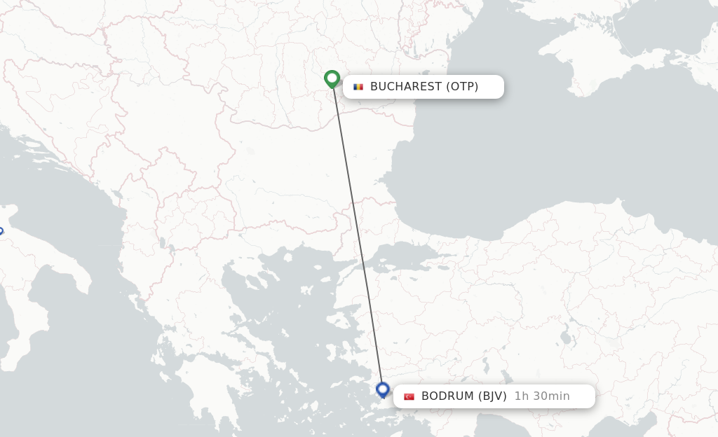 Flights from Bucharest to Bodrum route map