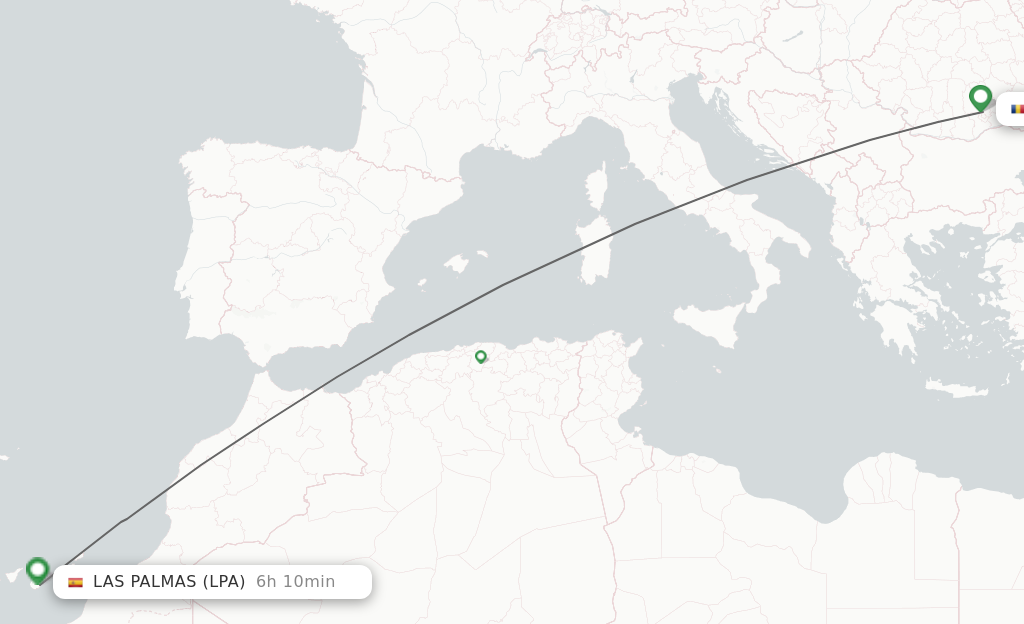 Flights from Bucharest to Las Palmas route map