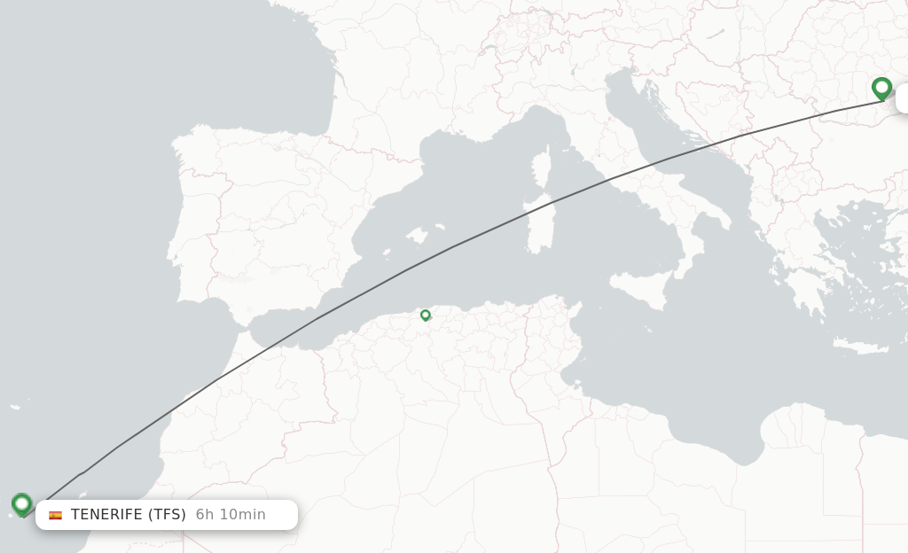 Flights from Bucharest to Tenerife route map