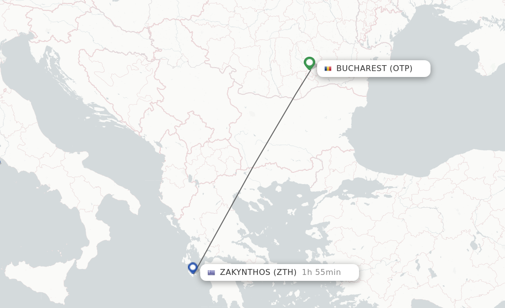 Flights from Bucharest to Zakinthos route map