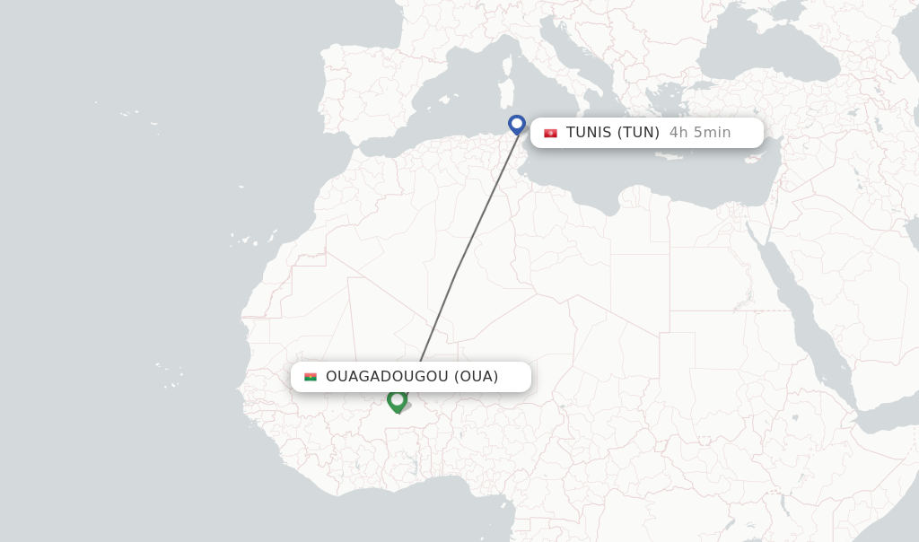 Flights from Ouagadougou to Tunis route map