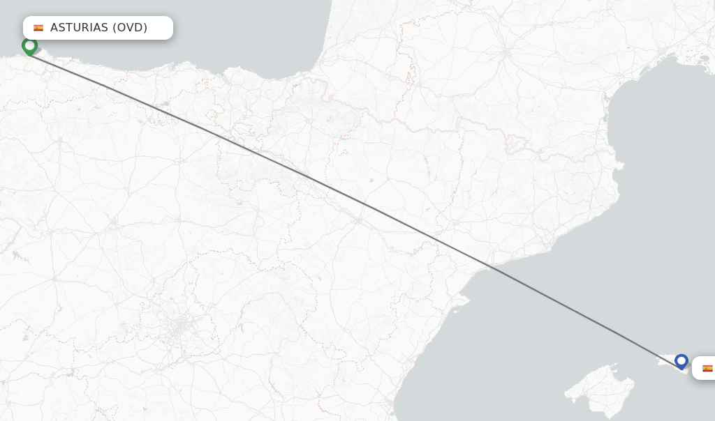 Flights from Asturias to Menorca route map