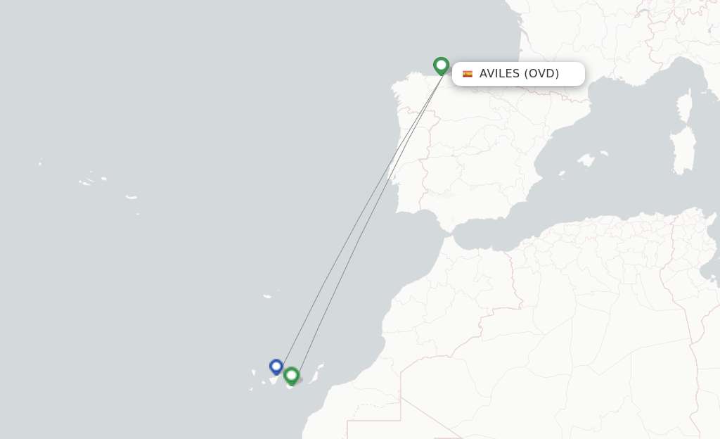 Route map with flights from Asturias with Binter Canarias