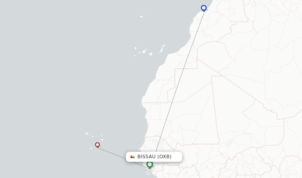 Route map with flights from Bissau with Royal Air Maroc