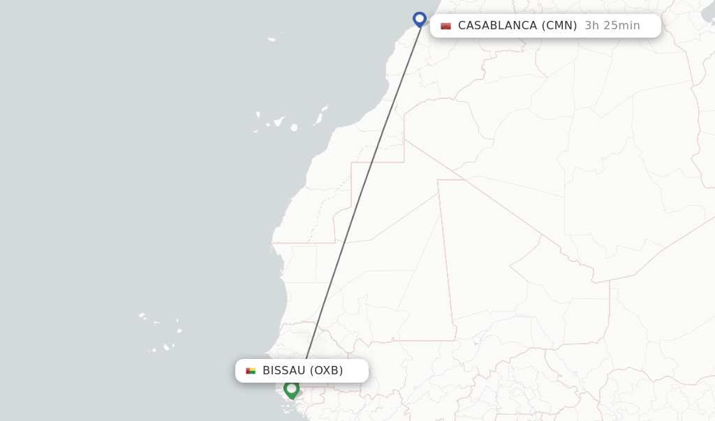 Flights from Bissau to Casablanca route map
