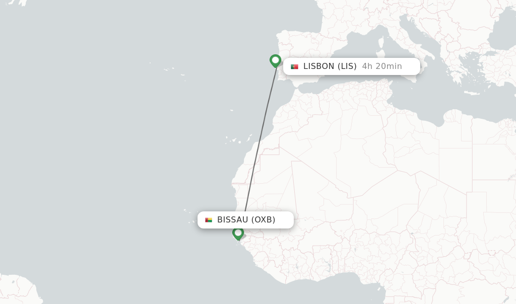 Flights from Bissau to Lisbon route map