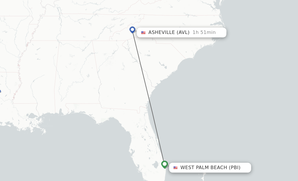 Flights from West Palm Beach to Asheville route map