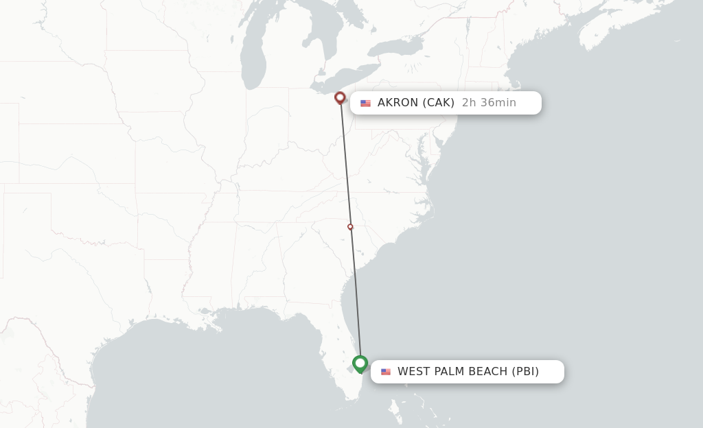 Flights from West Palm Beach to Akron route map