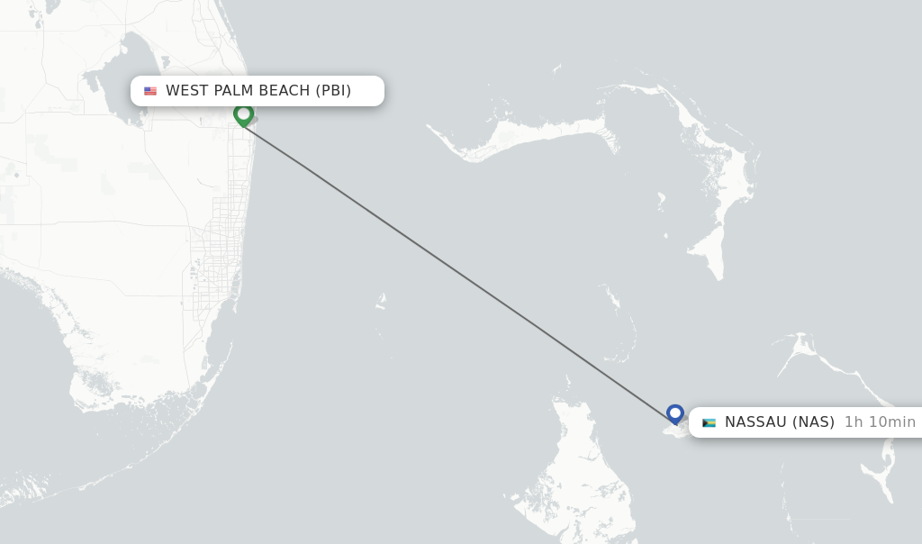 Flights from West Palm Beach to Nassau route map