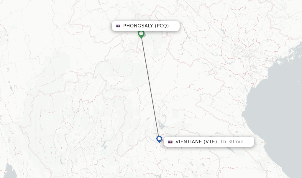 Flights from Phongsaly to Vientiane route map