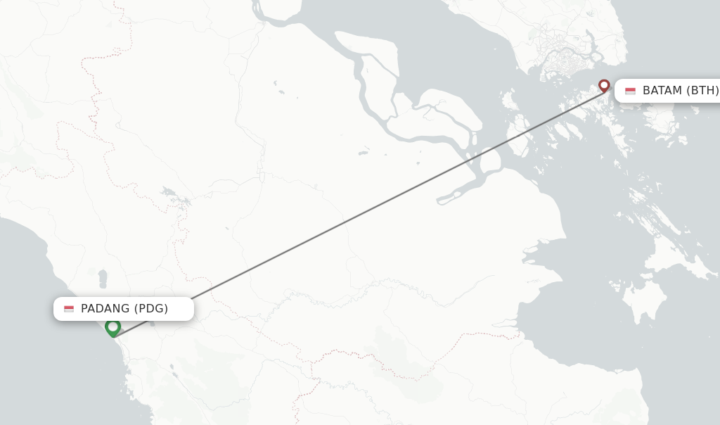 Flights from Padang to Batam route map