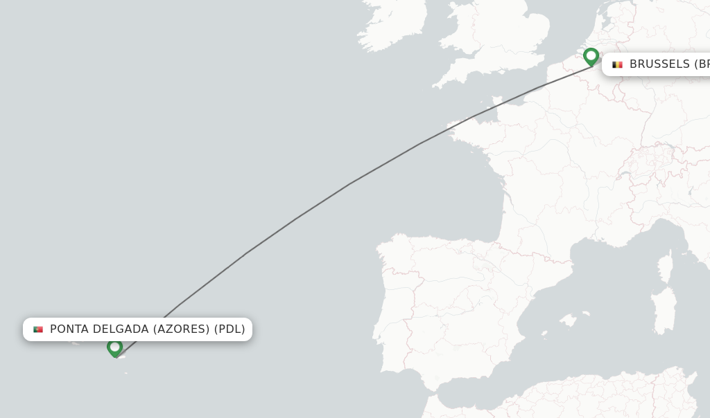 Flights from Ponta Delgada (Azores) to Brussels route map