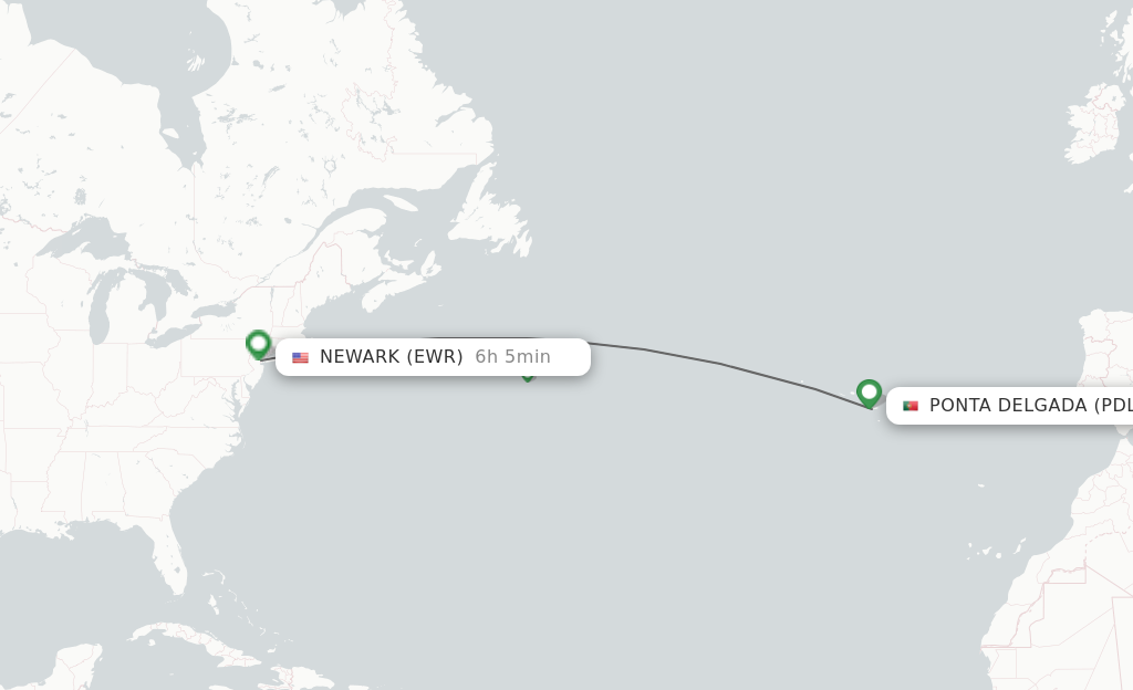Flights from Ponta Delgada (Azores) to New York route map
