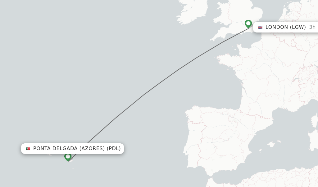 Flights from Ponta Delgada (Azores) to London route map
