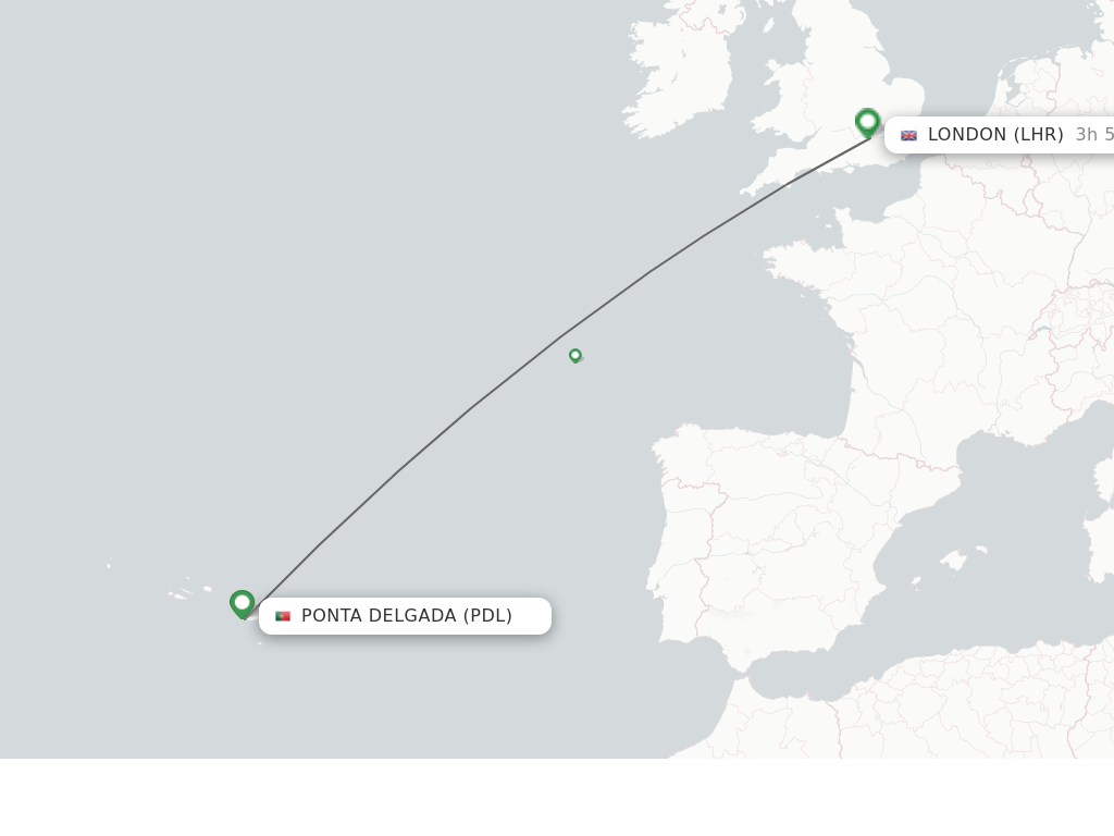 Flights from Ponta Delgada (Azores) to London route map