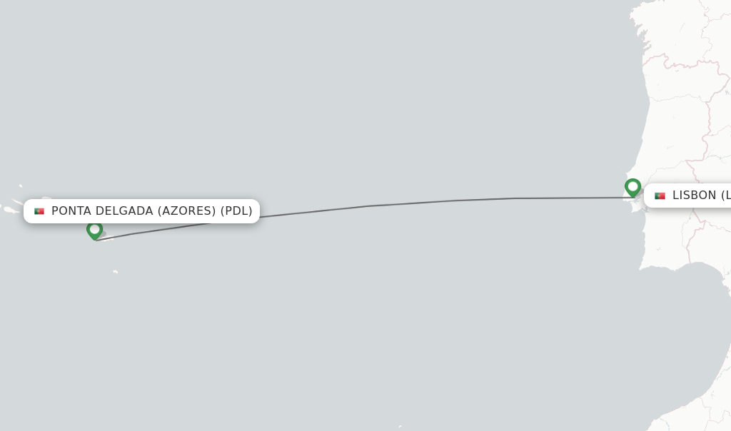 Flights from Ponta Delgada (Azores) to Lisbon route map
