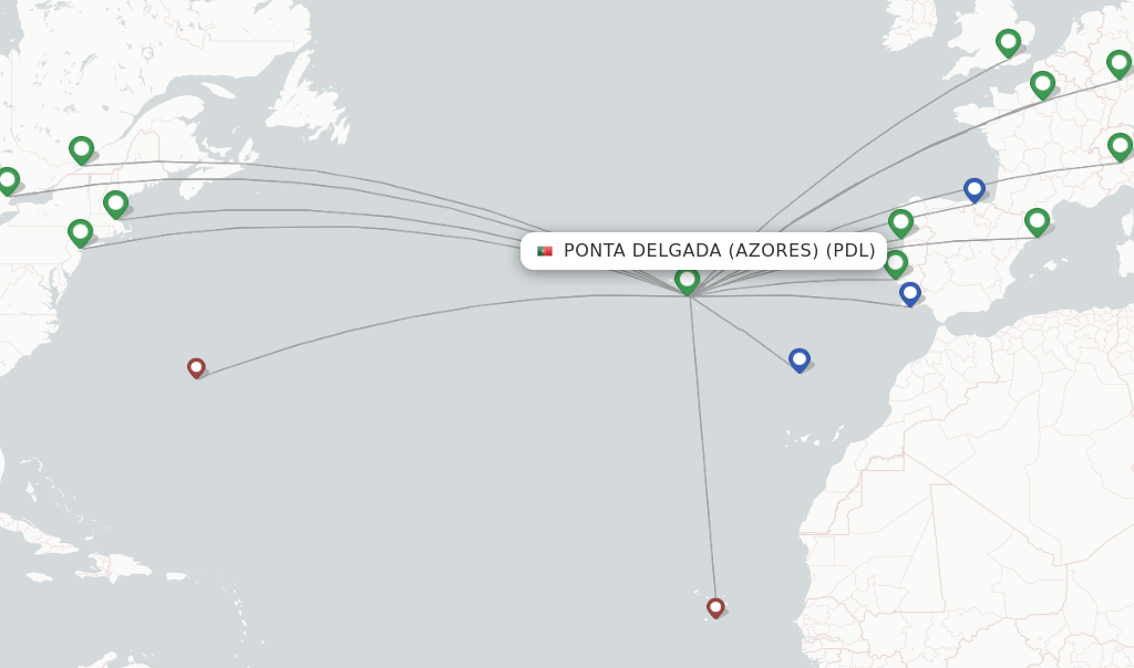 Route map with flights from Ponta Delgada (Azores) with Azores Airlines