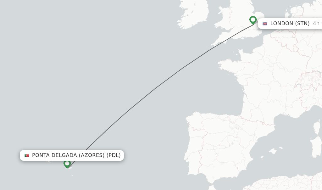 Flights from Ponta Delgada (Azores) to London route map