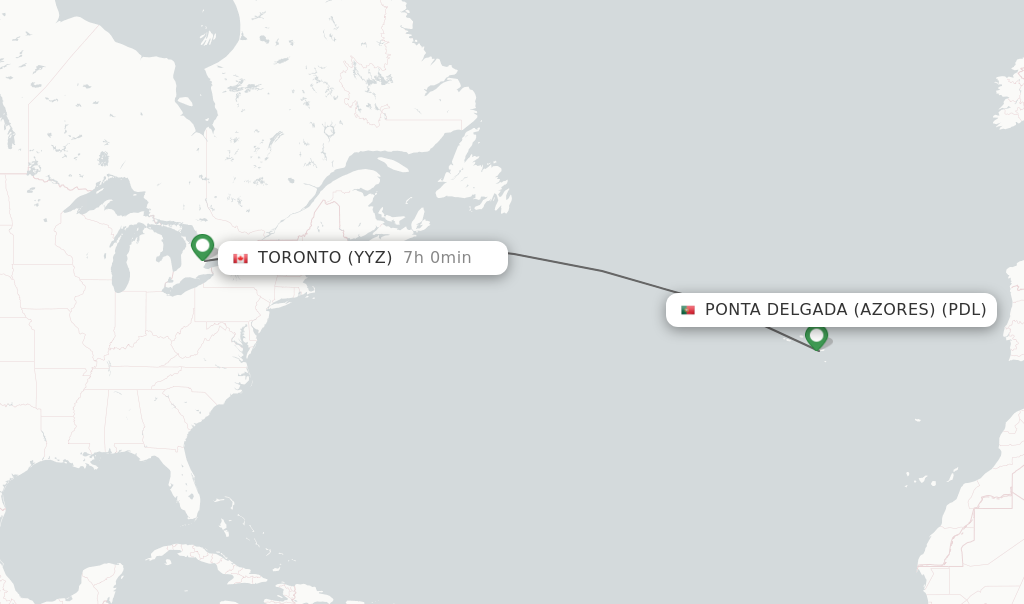 Flights from Ponta Delgada (Azores) to Toronto route map