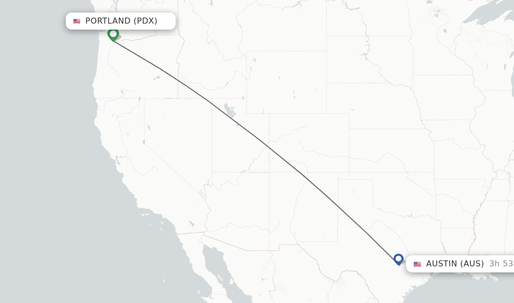 Flights from Portland to Austin route map