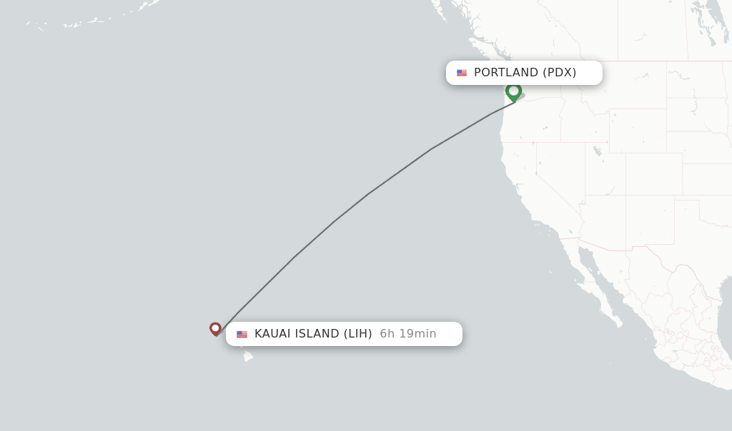 Flights from Portland to Kauai Island route map