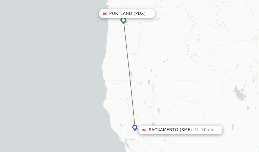 Flights from Portland to Sacramento route map