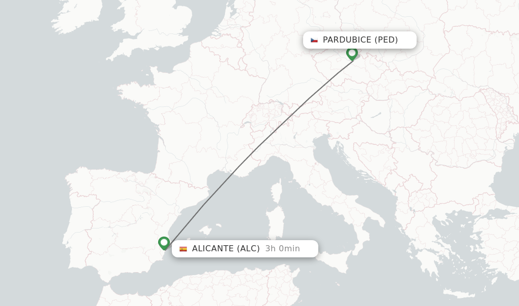 Flights from Pardubice to Alicante route map