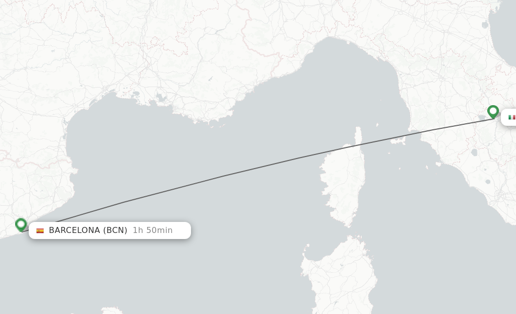 Flights from Perugia to Barcelona route map