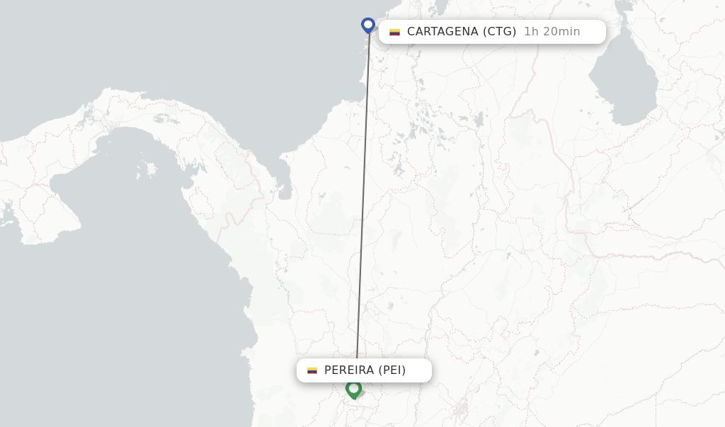 Flights from Pereira to Cartagena route map