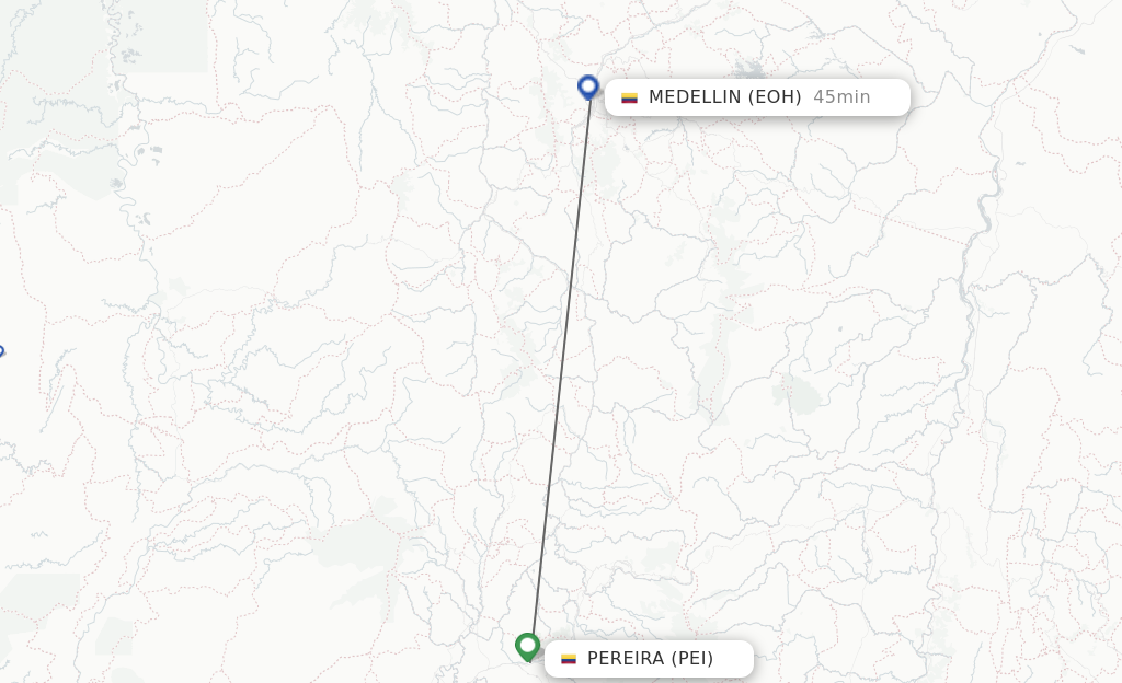 Flights from Pereira to Medellin route map