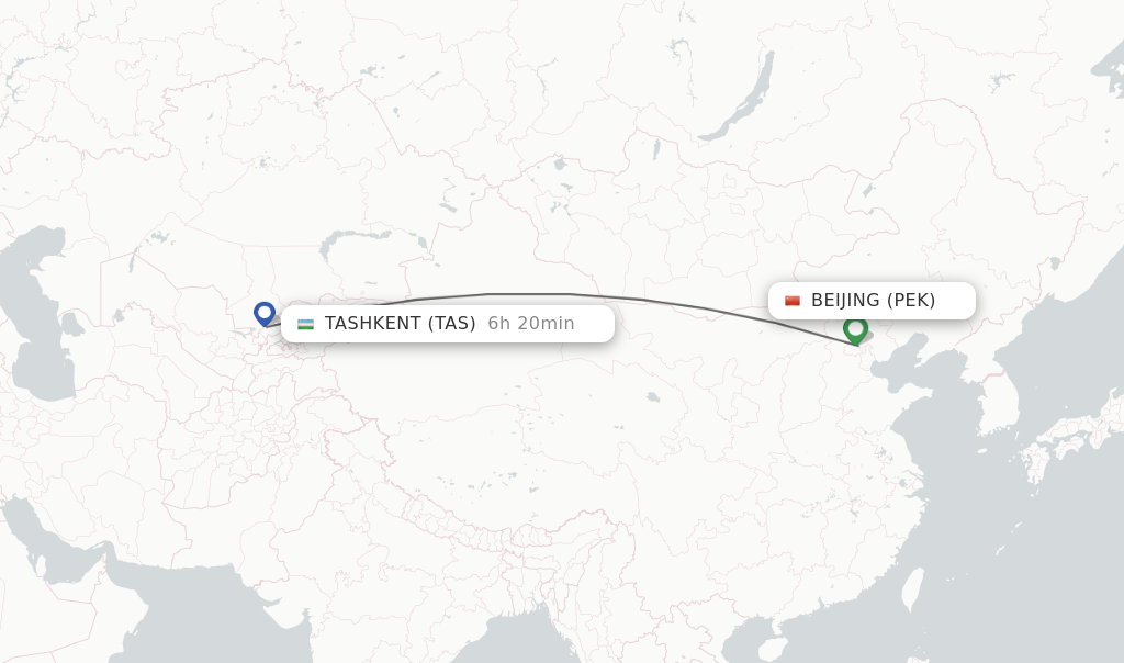 Flights from Beijing to Tashkent route map