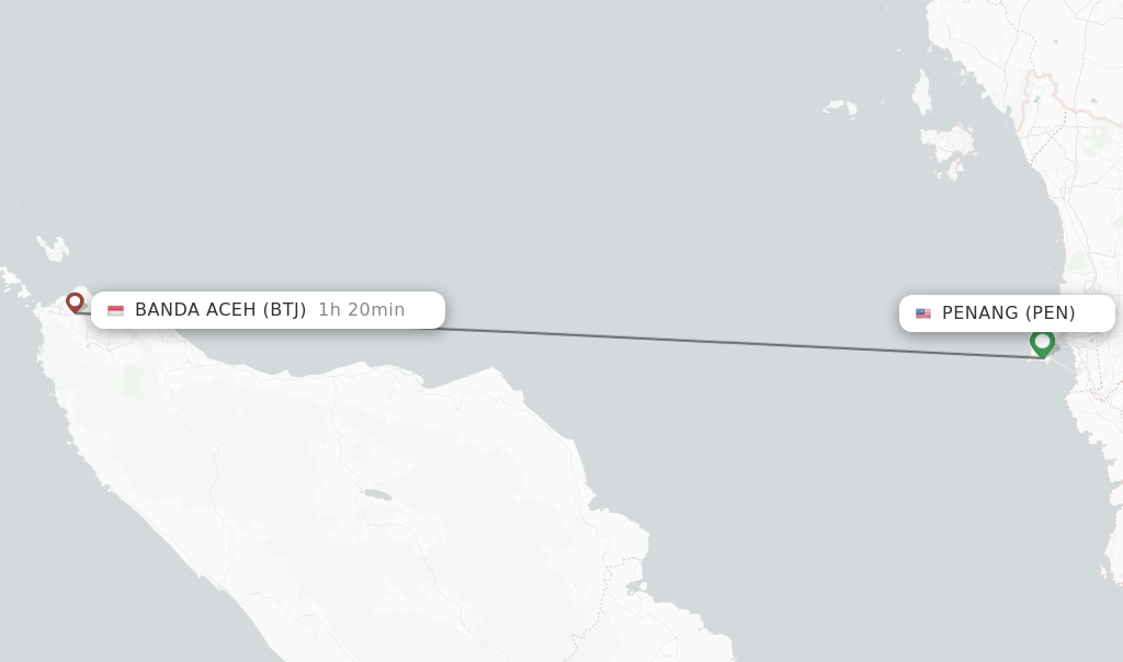 Flights from Penang to Banda Aceh route map