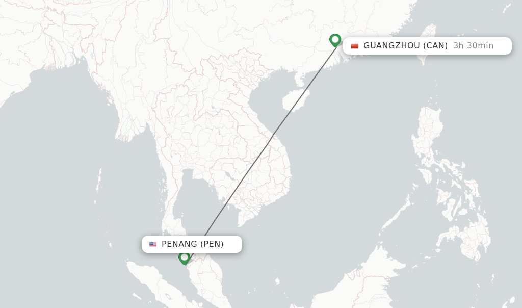Flights from Penang to Guangzhou route map